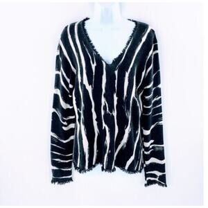 Mainbocher Womens Cashmere Sweater Black White Zebra Print Fringe Detail Medium